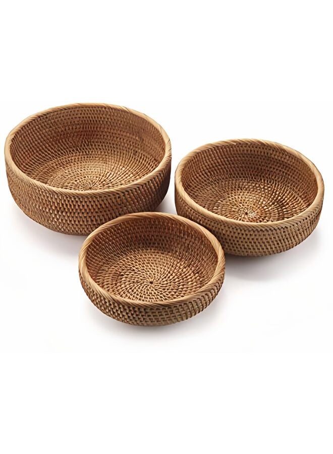 LAMAY Rattan Bread Basket, Round Fruit Baskets, Wicker Storage Bowls, Natural Woven Serving Basket Bowls, Decorative Baskets for Kitchen Counter Organizing, Set of 3 - Image 1