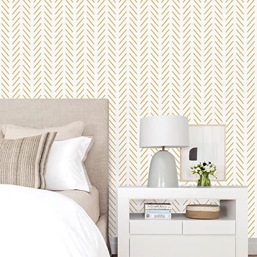 Erfoni Yellow and White Peel and Stick Wallpaper Modern Herringbone Wallpaper Bathroom 17.7inch x 118.1inch Geometric Removable Contact Paper Peel and Stick Self Adhesive Cabinet Wall Paper Waterproof - Image 2