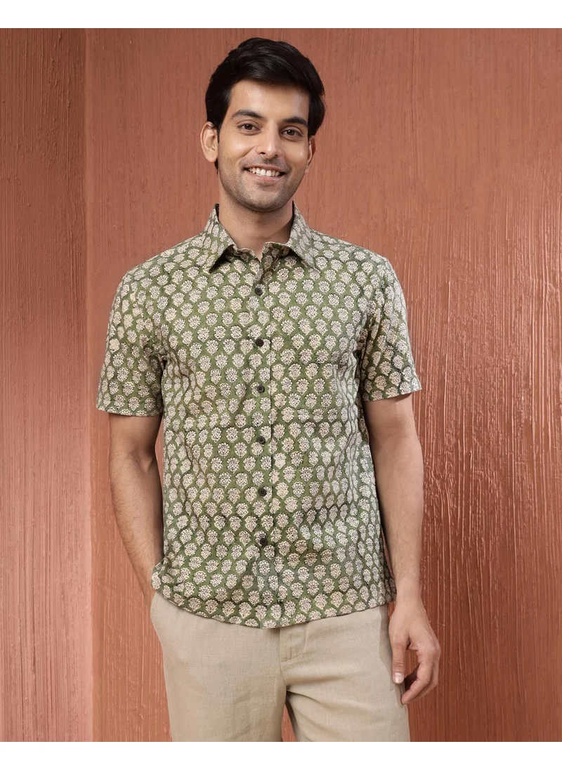 Fabindia Beige Cotton Bagru Printed Shirt