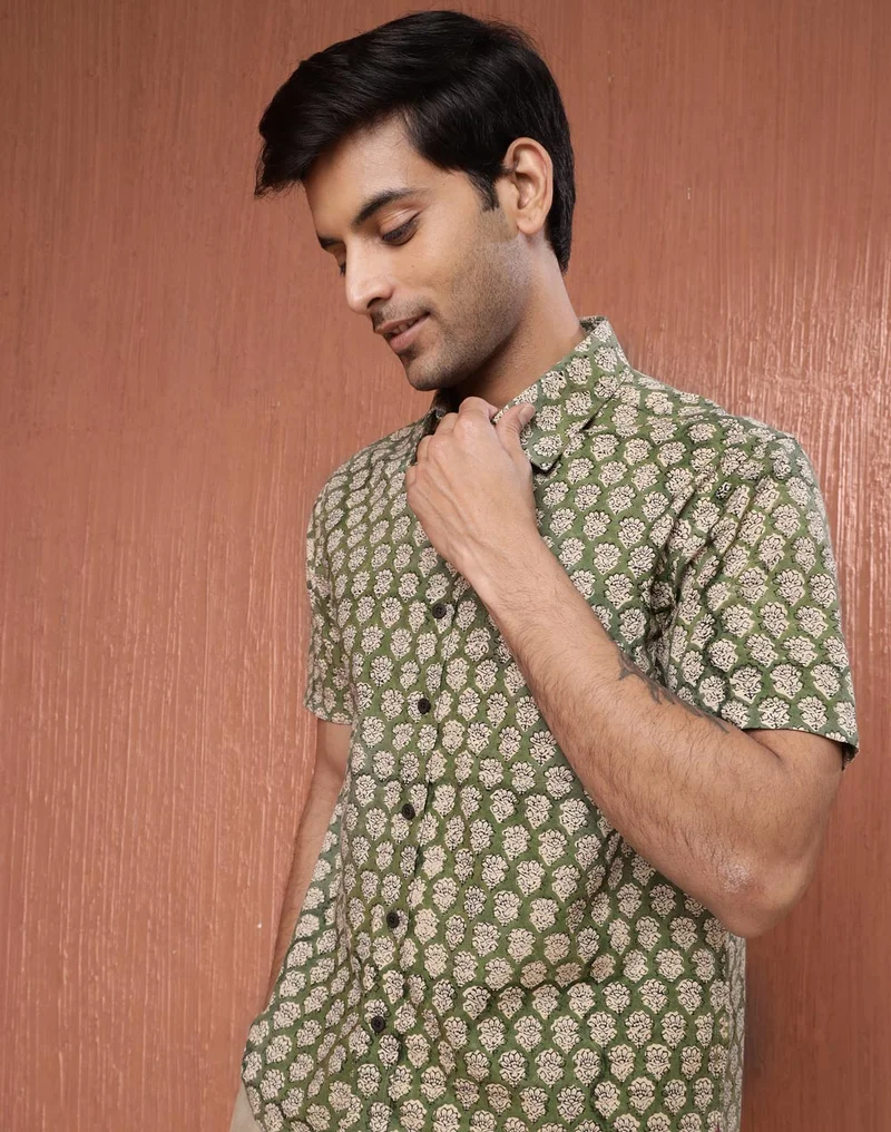 Fabindia Beige Cotton Bagru Printed Shirt