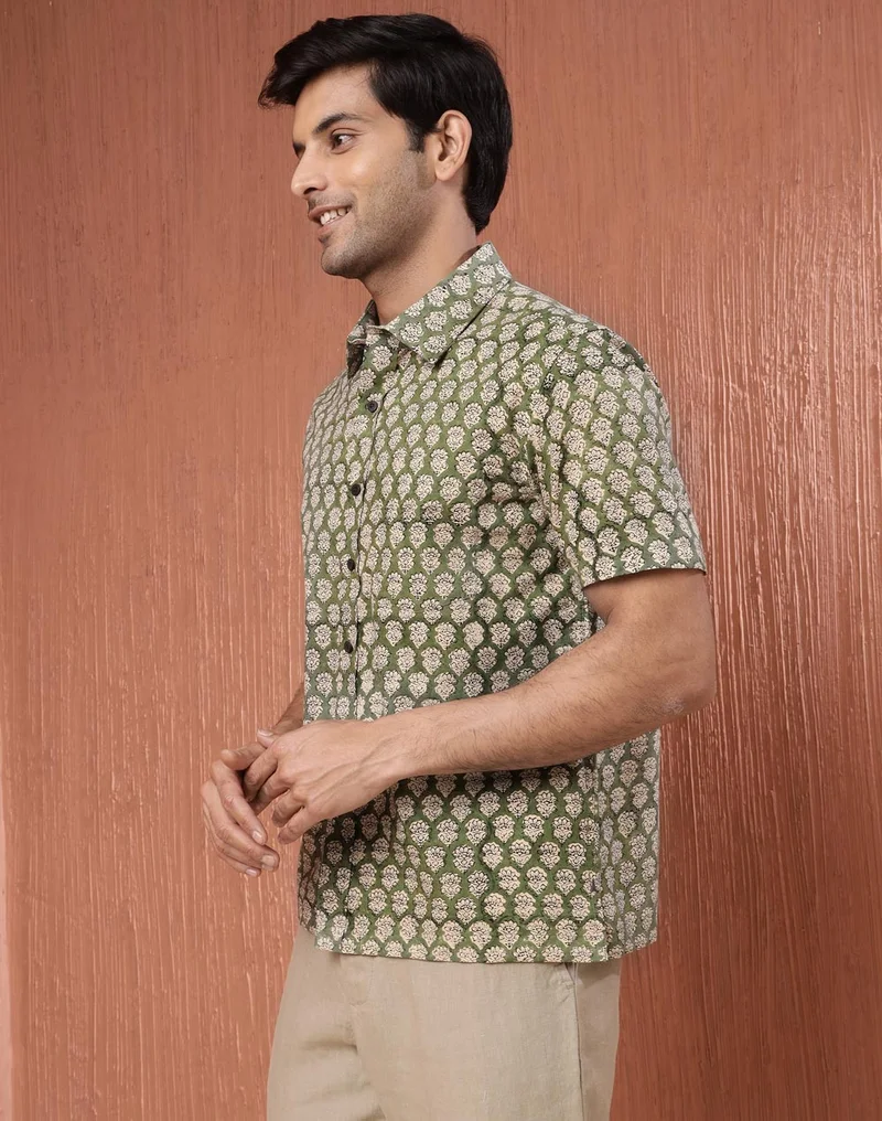 Fabindia Beige Cotton Bagru Printed Shirt