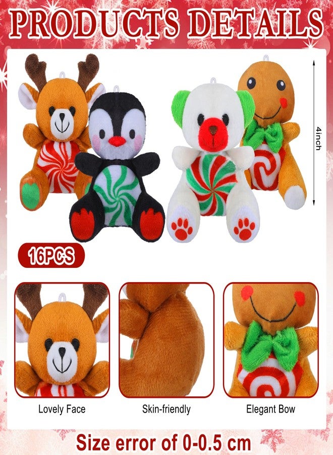 Gejoy 16 Pcs Peppermint Candy Plush Toys Bulk Mini 4" Reindeer Polar Bear Gingerbread Man Penguin Stuffed Toys with Cards for Party Favors Stocking Goodie Bag Fillers - Image 2