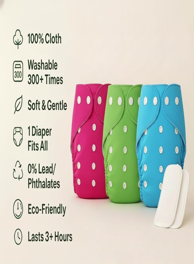 PENTOO Baby Cloth Diapers 0 to 3 Years | Side Leakage Proof Washable Reusable Diaper For New Born Baby Freesize Adjustable, Assorted 3(Pack of 3- Inserts Included) (Blue-Green-Pink) - Image 3