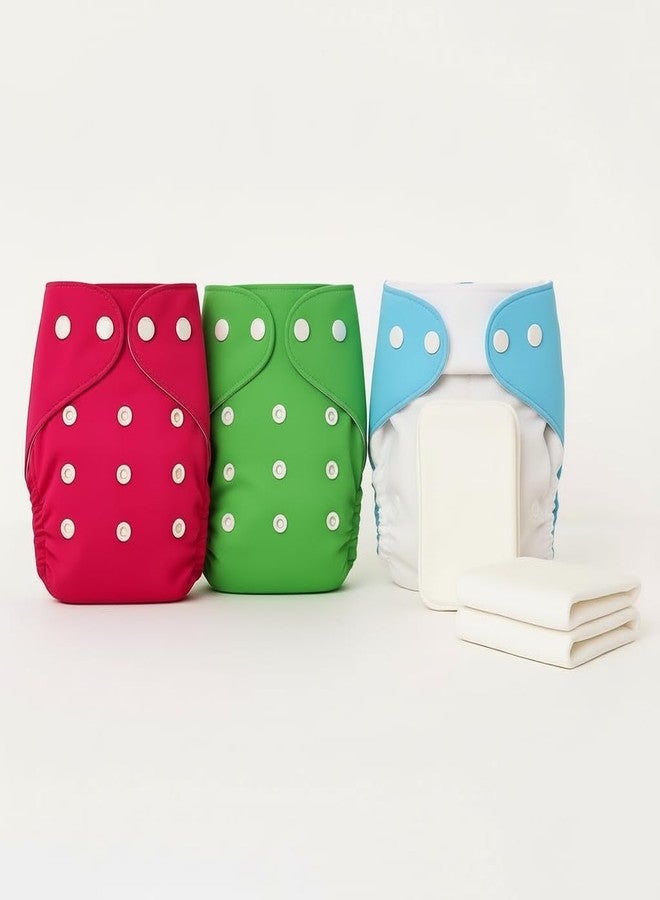 PENTOO Baby Cloth Diapers 0 to 3 Years | Side Leakage Proof Washable Reusable Diaper For New Born Baby Freesize Adjustable, Assorted 3(Pack of 3- Inserts Included) (Blue-Green-Pink) - Image 2