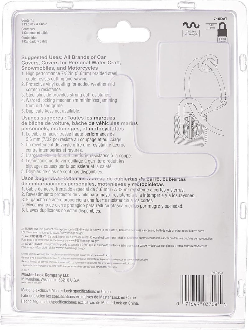 MasterLock 715DAT Braided Steel Car Cover Cable with Laminated Steel Padlock, 7 ft cable and 1-1/8 in. Wide Lock - Image 2