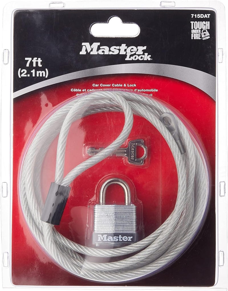 MasterLock 715DAT Braided Steel Car Cover Cable with Laminated Steel Padlock, 7 ft cable and 1-1/8 in. Wide Lock - Image 1