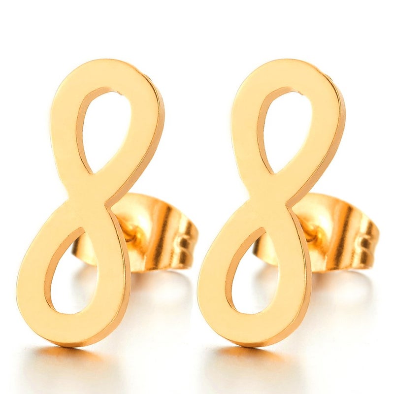 COOLSTEELANDBEYOND Stainless Steel Mens Womens Gold Color Friendship Infinity Love Number 8 Stud Earrings, 2pcs - Image 1