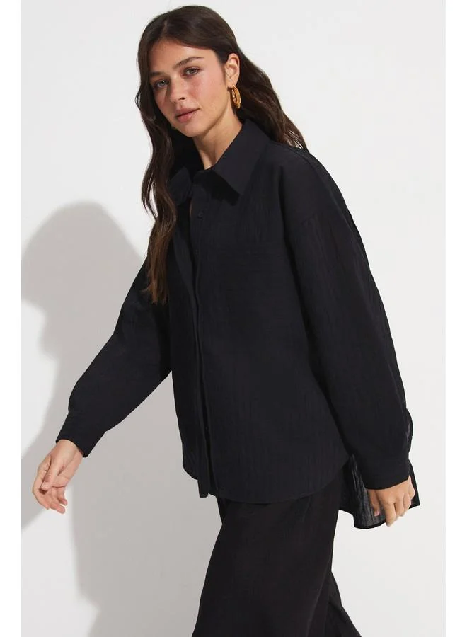 JUNE June Cotton Blend Pocket Detail Shirt Black