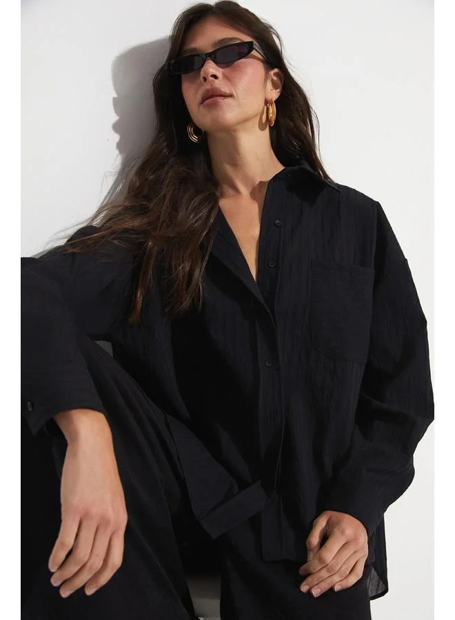 JUNE June Cotton Blend Pocket Detail Shirt Black