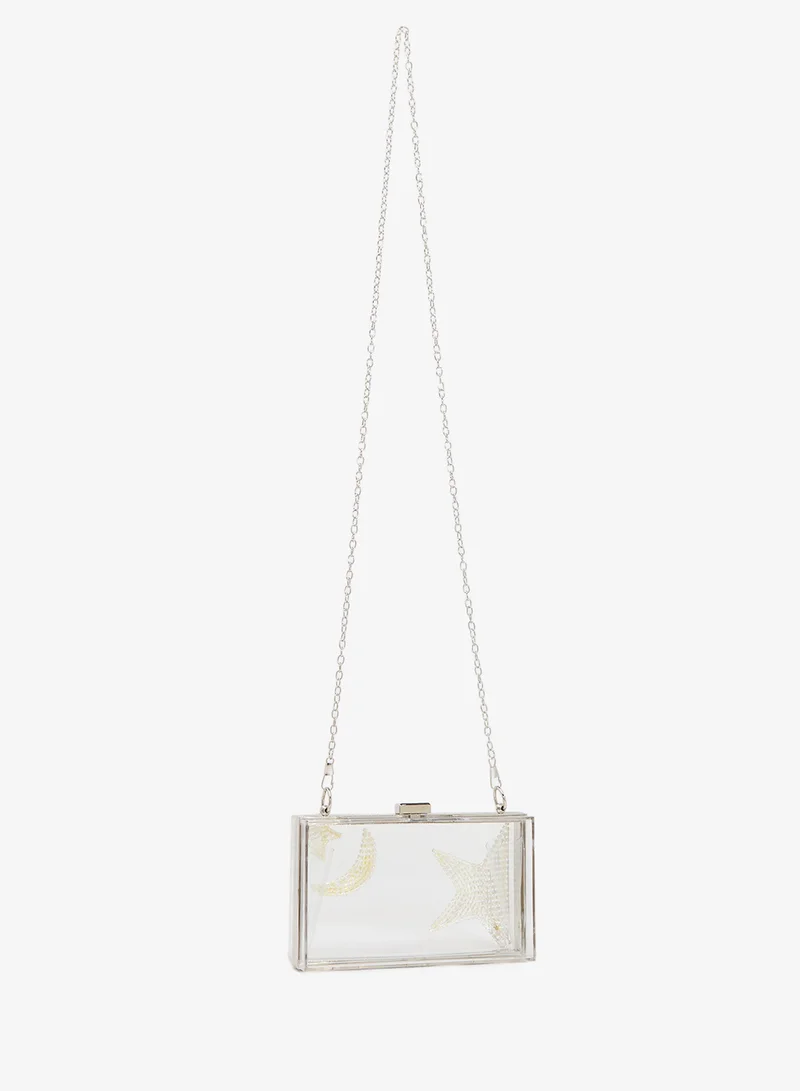 Khizana Clear Silver Statement Clutch With Jeweled Embellishment Print