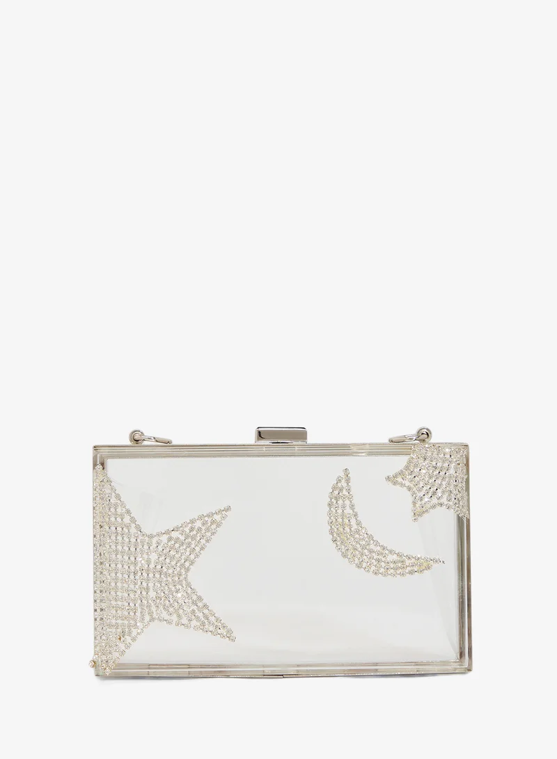 Khizana Clear Silver Statement Clutch With Jeweled Embellishment Print