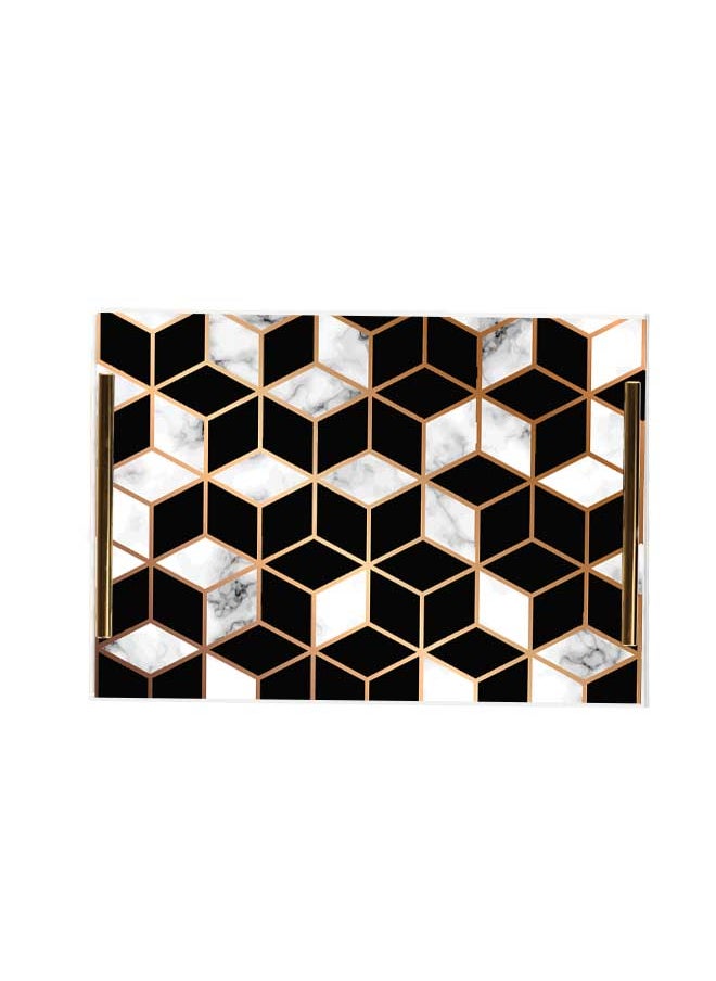 صينية تقديم مصنوعة من الأكريليك بمقابض معدنية ذهبية اللون مزخرفة بتصميم أشكال متداخلة