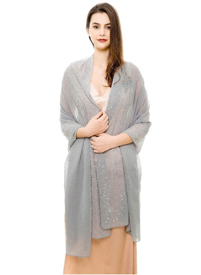 Reemonde REEMONDE Womens Pashmina Shawls and Wraps for Evening Dresses Chiffon Bridal Shawl for Wedding Dressy Rhinestones Sparkly Scarf (Grey)  - Image 1
