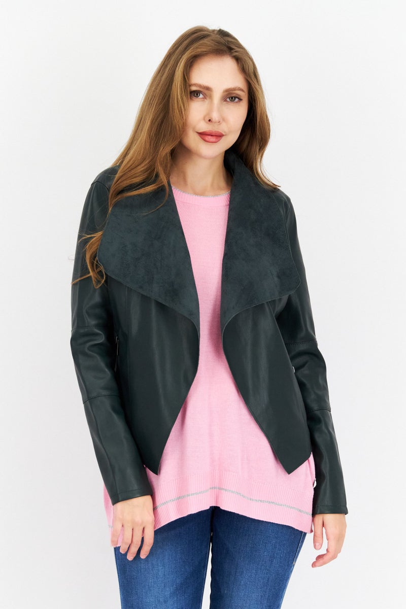 Bagatelle Women Solid Leather Motorcycle Jacket, Dark Green - Image 1