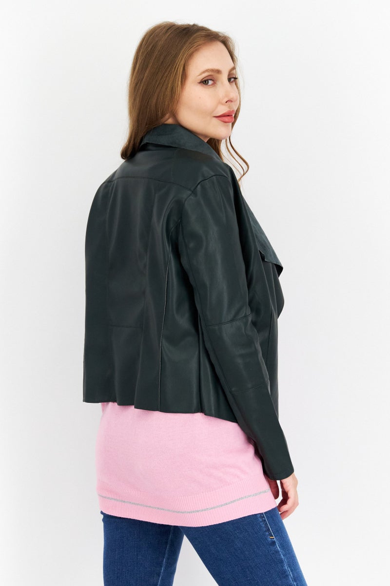 Bagatelle Women Solid Leather Motorcycle Jacket, Dark Green - Image 4