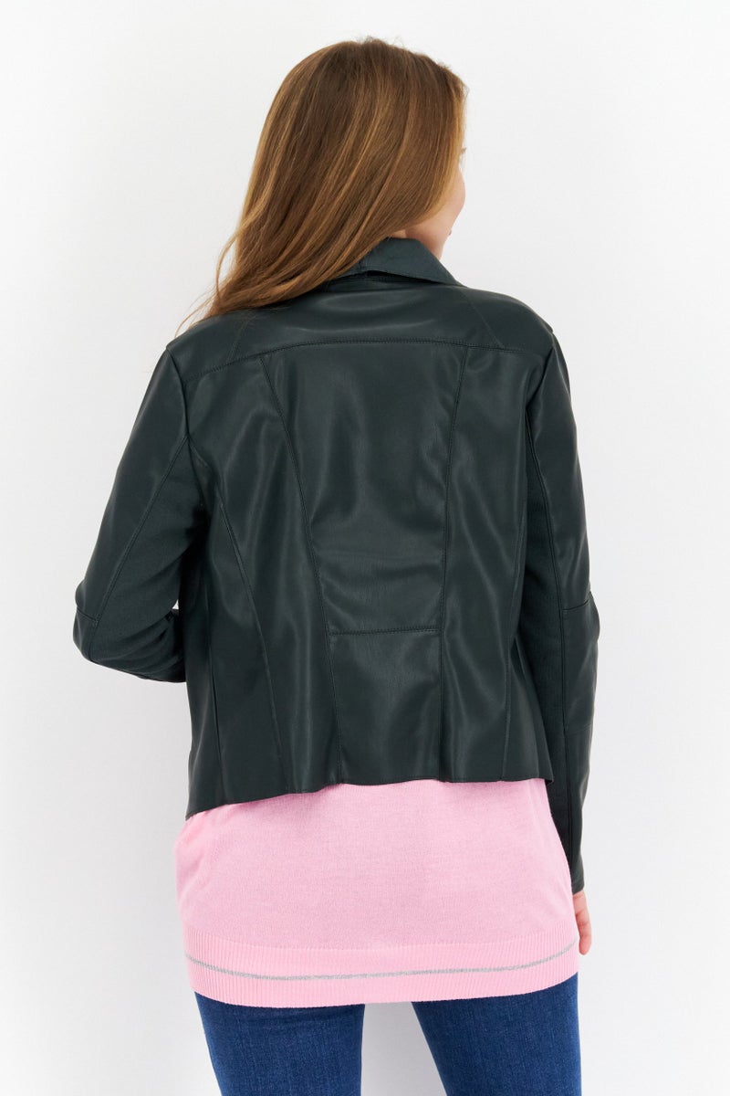 Bagatelle Women Solid Leather Motorcycle Jacket, Dark Green - Image 2
