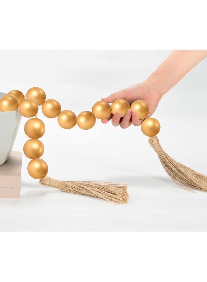 OMISHE OMISHE 60" Long Large Wood Bead Garland with 1.6" Diameter Wooden Beads and Tassels, Rustic Farmhouse Country Wood Beads Garland for Home Tiered Tray Decor, Decorative Beads with Tassels Gold  - Image 1