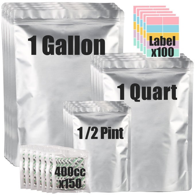 100PCS MYLAR BAGS FOR FOOD STORAGE WITH 150 OXYGEN ABSORBERS LABELS 10 MIL THICK 3 SIZES 1 GALLON 1 QUART 12 PINT STANDUP RESEALABLE HEAT SEALABLE FOR LONG TERM FOOD STORAGE
