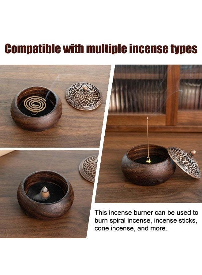 شيبشيب مبخرة يدوية من خشب الجوز الطبيعي - مبخرة تقليدية بغطاء معدني، ديكور هادئ للعصي/الأقماع/الحلقات/البخور، حاملة بخور من الخشب الطبيعي لليوغا والتأمل (قطر 3.94" × ارتفاع 1.57") - Image 3
