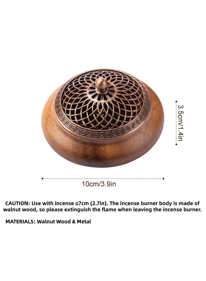 شيبشيب مبخرة يدوية من خشب الجوز الطبيعي - مبخرة تقليدية بغطاء معدني، ديكور هادئ للعصي/الأقماع/الحلقات/البخور، حاملة بخور من الخشب الطبيعي لليوغا والتأمل (قطر 3.94" × ارتفاع 1.57") - Image 5