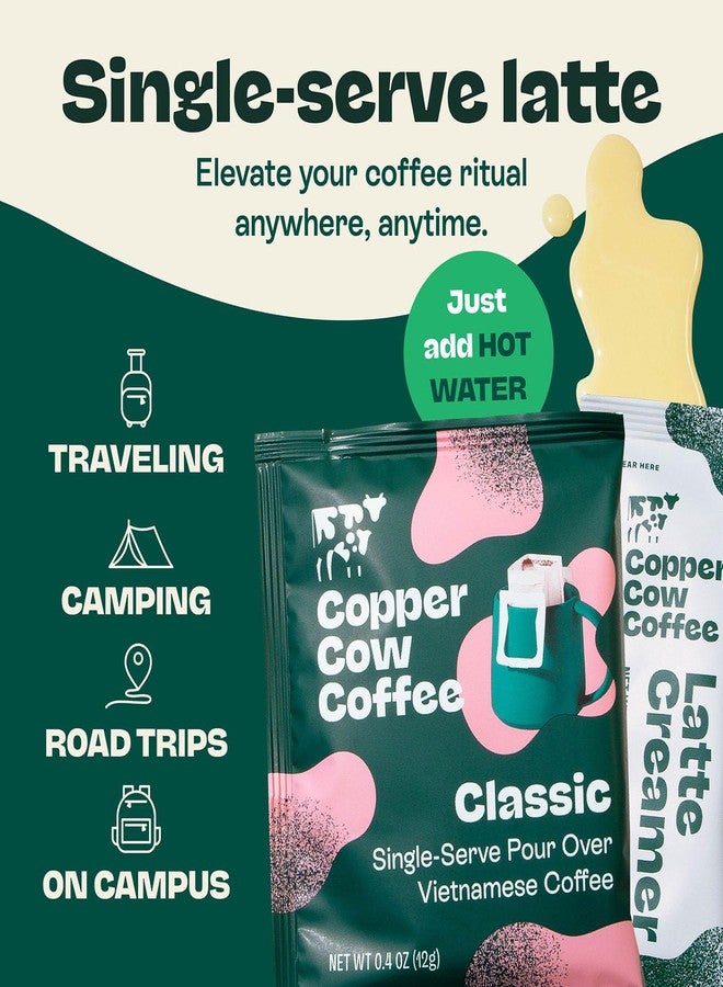 Copper Cow Coffee أكياس قهوة كوبر كاو الفيتنامية المقطرة + كريمة الحليب المكثف المحلى (٨ أنواع قهوة و٨ أنواع كريمة حليب) | لاتيه أسود كلاسيكي، لا حاجة للتبريد، قهوة مطحونة مناسبة للسفر - Image 4