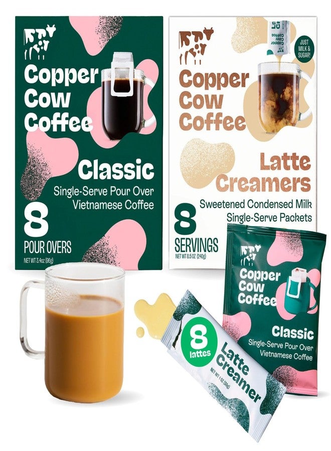 Copper Cow Coffee أكياس قهوة كوبر كاو الفيتنامية المقطرة + كريمة الحليب المكثف المحلى (٨ أنواع قهوة و٨ أنواع كريمة حليب) | لاتيه أسود كلاسيكي، لا حاجة للتبريد، قهوة مطحونة مناسبة للسفر - Image 1