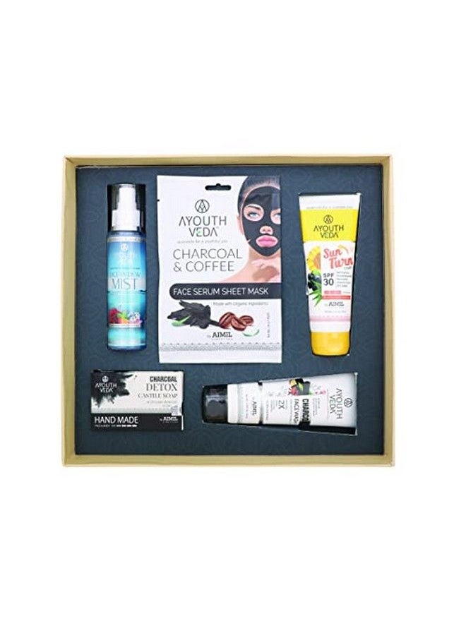 AYOUTHVEDA Antipollution & Detoxifying Charcoal Gift Set Activated Charcoal Face Wash Charcoal & Coffee Face Serum Sheet Mask Charcoal Detox Castile Soap Ocean Dew Mist Sun Turn Cream Spf 30  - Image 3