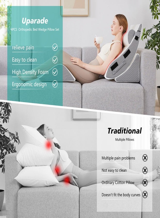 Longering Orthopedic Bed Wedge Pillow Set for Sleeping 4 PCS - Adjustable Triangle Pillow for Neck Leg Support with Washable Cover - 35D Foam Wedge Pillow Post Surgery for GERD & Snoring (White Grey) - Image 4