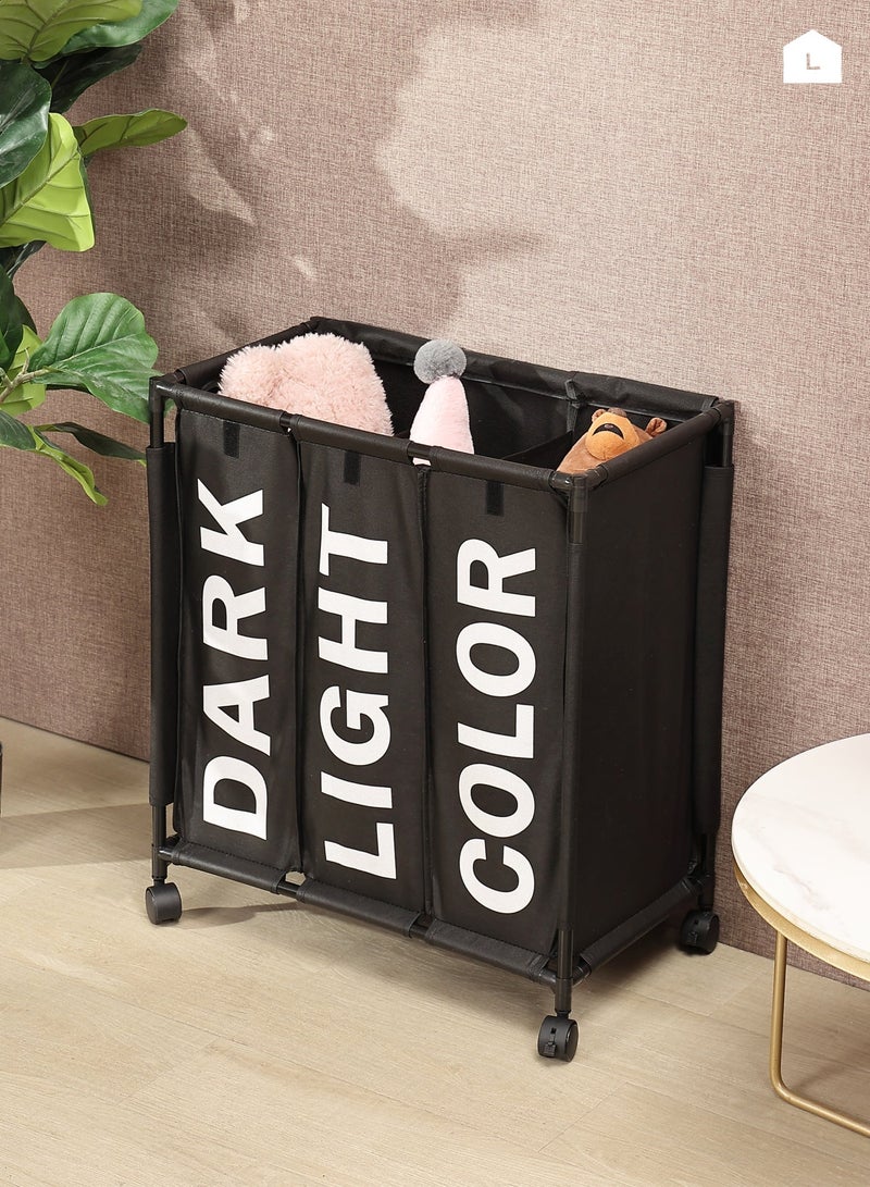 LAWAZIM 123L Laundry Basket - 60x33x62cm Black - 3 Section Large Laundry Sorter Cart with Lockable Wheels and Fold-Over Cover - Ideal for Sorting Clothes in Bathrooms, Bedrooms, and Laundry Rooms - Image 1