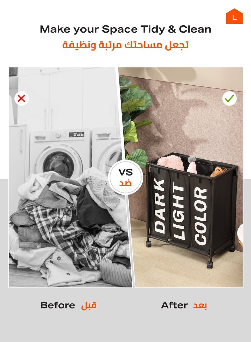 LAWAZIM 123L Laundry Basket - 60x33x62cm Black - 3 Section Large Laundry Sorter Cart with Lockable Wheels and Fold-Over Cover - Ideal for Sorting Clothes in Bathrooms, Bedrooms, and Laundry Rooms - Image 3