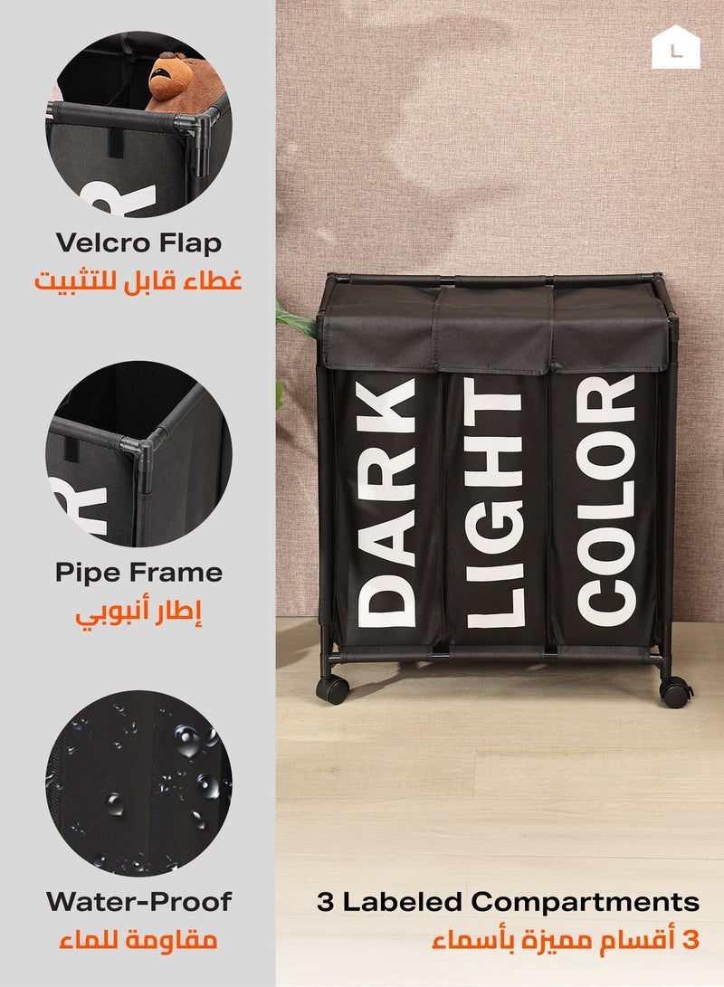 LAWAZIM 123L Laundry Basket - 60x33x62cm Black - 3 Section Large Laundry Sorter Cart with Lockable Wheels and Fold-Over Cover - Ideal for Sorting Clothes in Bathrooms, Bedrooms, and Laundry Rooms - Image 4