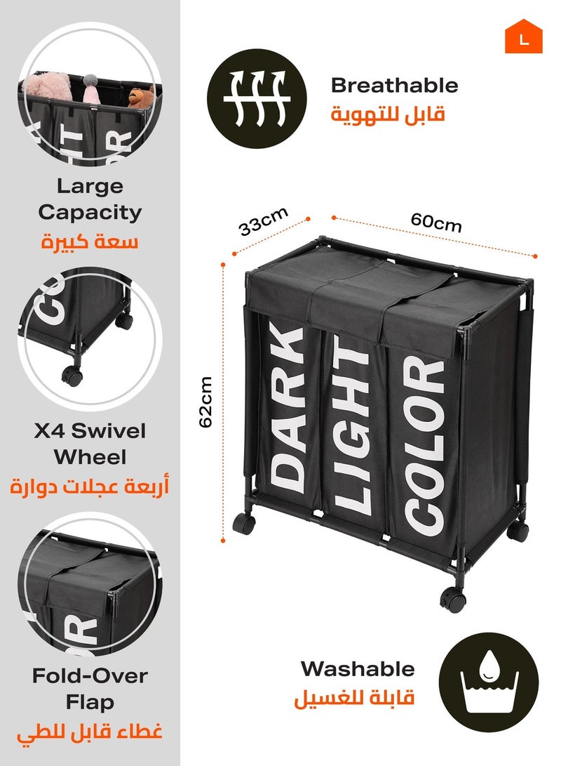 LAWAZIM 123L Laundry Basket - 60x33x62cm Black - 3 Section Large Laundry Sorter Cart with Lockable Wheels and Fold-Over Cover - Ideal for Sorting Clothes in Bathrooms, Bedrooms, and Laundry Rooms - Image 2