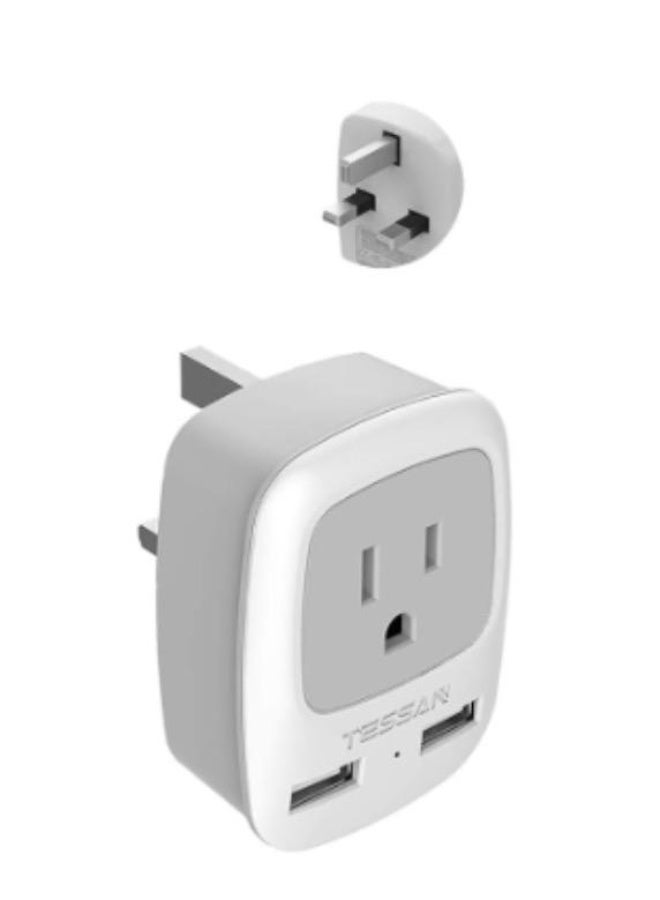 تيسان محول سفر TESSAN بمقبس بريطاني ومنفذي شحن USB، من النوع G إلى مقبس تيار متردد أمريكي واحد، 100-250 فولت، محول سفر 3 في 1 لإنجلترا، أيرلندا، هونغ كونغ، سنغافورة، الإمارات العربية المتحدة، ماليزيا، قطر، كينيا، وغيرها - Image 1