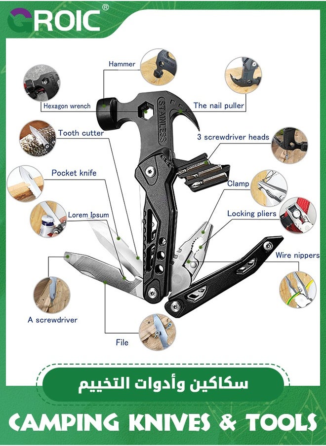 GROIC 14 in 1 Multitool Hammer Folding Survival Tool, All in One Multi Mini Small Gadget - Camping Hiking Car Multifunctional Stainless Pliers Knife For Men Cool Gifts  - Image 2