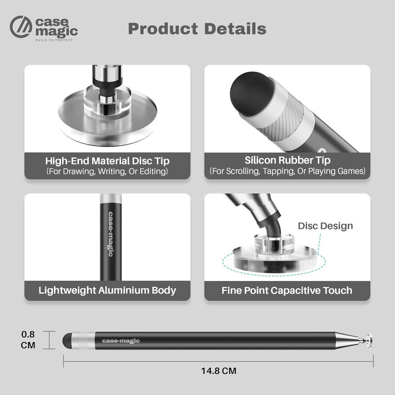 case-magic 2 in 1 Universal Stylus Pen with Fine Point Disc Tip+ Rubber Fiber Tip| for Smartphone/Tablet/iPad/Pro/Air/iPhone/iOS/Android/All Touch Screens| Aluminum Body (Black) - Image 4