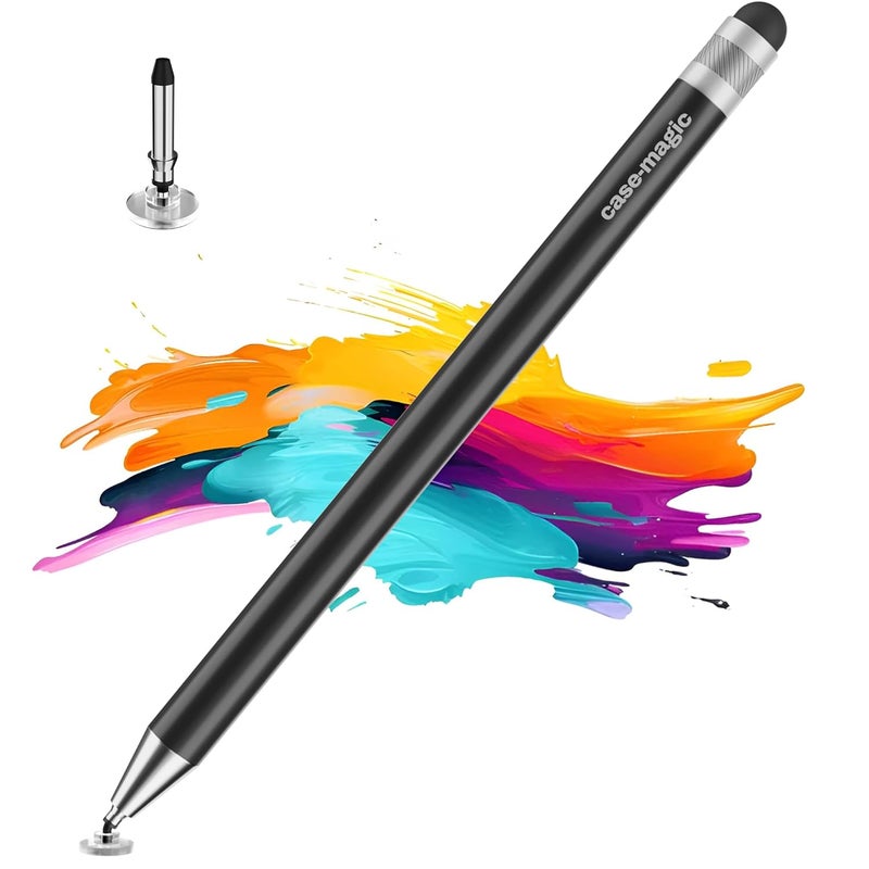 case-magic 2 in 1 Universal Stylus Pen with Fine Point Disc Tip+ Rubber Fiber Tip| for Smartphone/Tablet/iPad/Pro/Air/iPhone/iOS/Android/All Touch Screens| Aluminum Body (Black) - Image 1