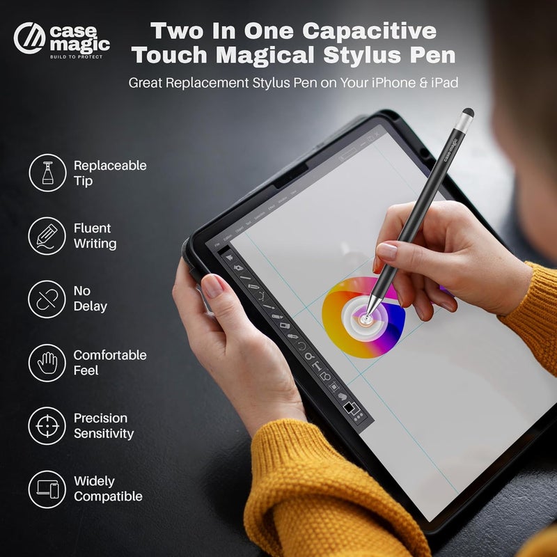 case-magic 2 in 1 Universal Stylus Pen with Fine Point Disc Tip+ Rubber Fiber Tip| for Smartphone/Tablet/iPad/Pro/Air/iPhone/iOS/Android/All Touch Screens| Aluminum Body (Black) - Image 2