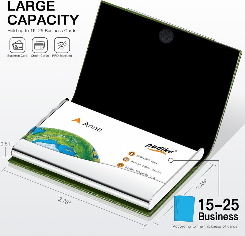 Padike Business Card Holder, Business Card Case Professional PU Leather & Stainless Steel Multi Card Case,Business Card Holder Wallet Credit Card ID Case/Holder for Men & Women. (V-Green) - Image 3