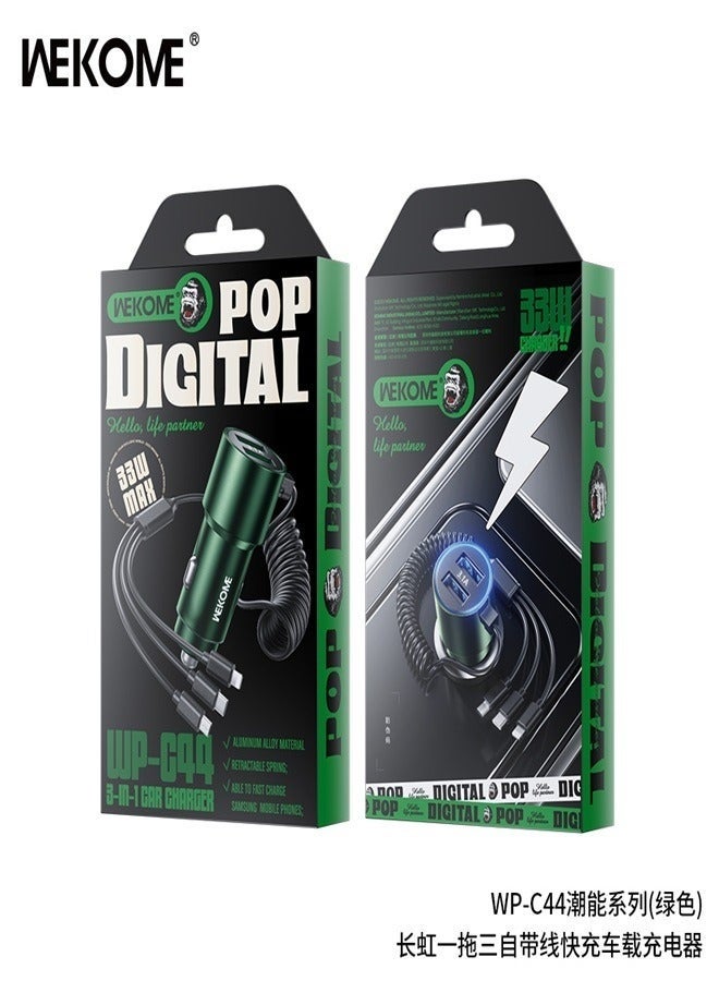 WEKOME POP Digital 33W Fast 3-in-1 Car Charger Cable – Durable Braided Multi-Port Cord with Type-C, Micro USB & iP Connectors for Universal Smartphone Compatibility - Image 4