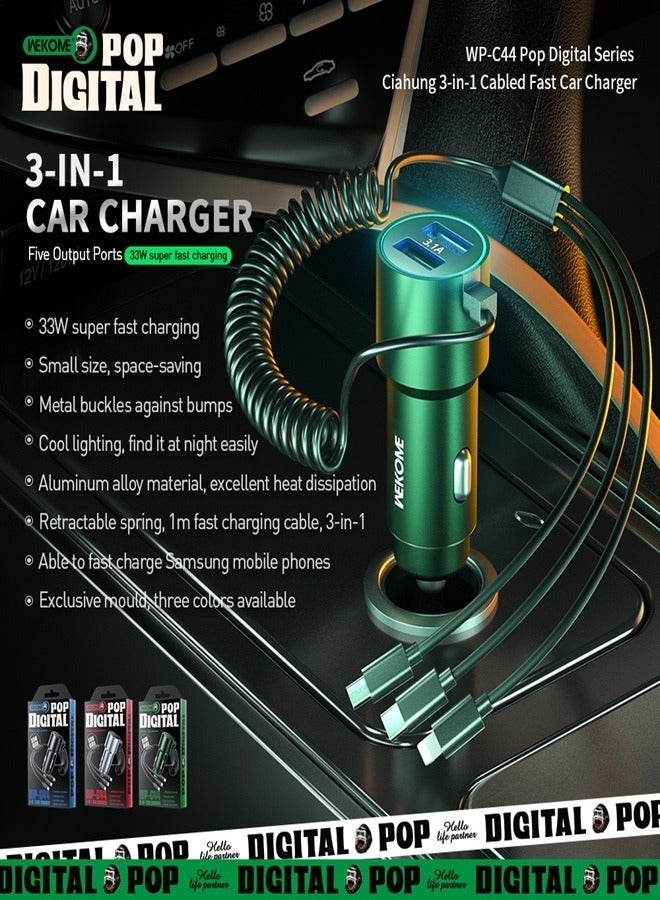 WEKOME POP Digital 33W Fast 3-in-1 Car Charger Cable – Durable Braided Multi-Port Cord with Type-C, Micro USB & iP Connectors for Universal Smartphone Compatibility - Image 2