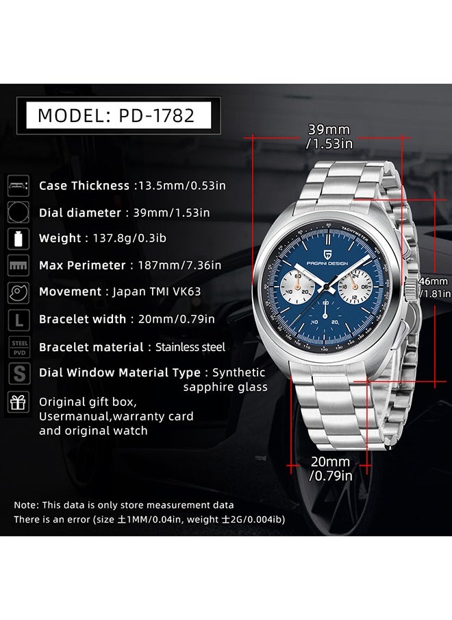 PAGANI DESIGN - Men's Watch Casual Analog Men's Watch Chronograph VK63 Movement Sapphire Mirror 100M Water Resistant Stainless Steel Watch-Blue Steel - Image 1