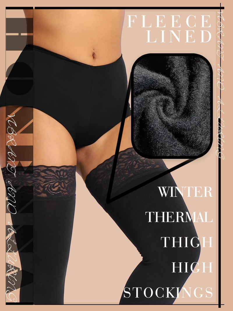 HONENNA Fleece Lined Thigh High Stockings, Stay Up Lace Top Opaque Winter Warm Tights for Women, medias tÃ©rmicas mujer, Black M-L - Image 2