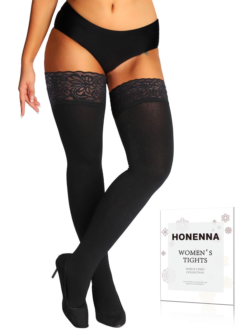 HONENNA Fleece Lined Thigh High Stockings, Stay Up Lace Top Opaque Winter Warm Tights for Women, medias tÃ©rmicas mujer, Black M-L - Image 1