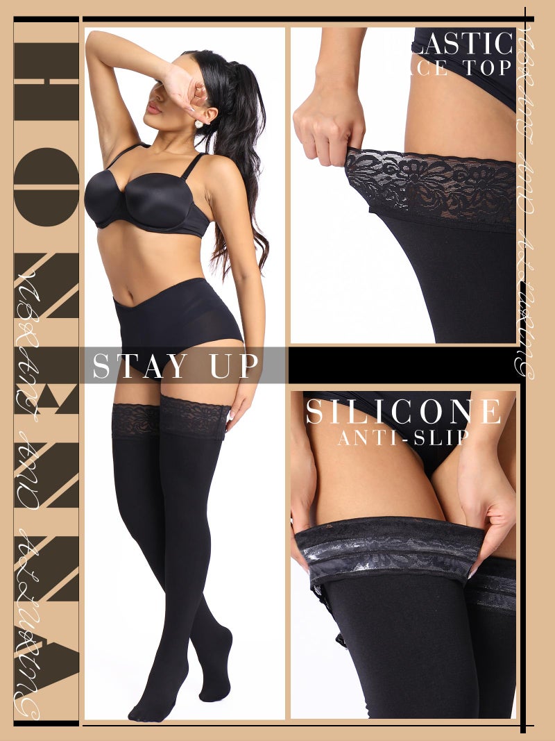 HONENNA Fleece Lined Thigh High Stockings, Stay Up Lace Top Opaque Winter Warm Tights for Women, medias tÃ©rmicas mujer, Black M-L - Image 3