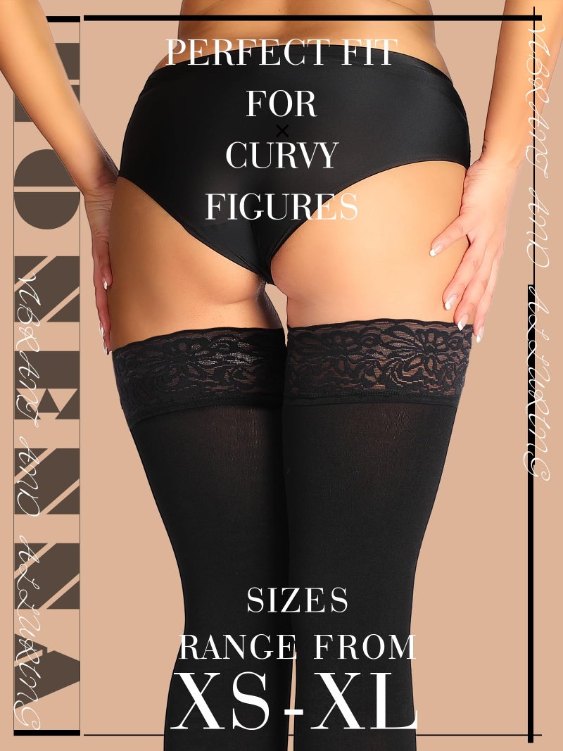 HONENNA Fleece Lined Thigh High Stockings, Stay Up Lace Top Opaque Winter Warm Tights for Women, medias tÃ©rmicas mujer, Black M-L - Image 4
