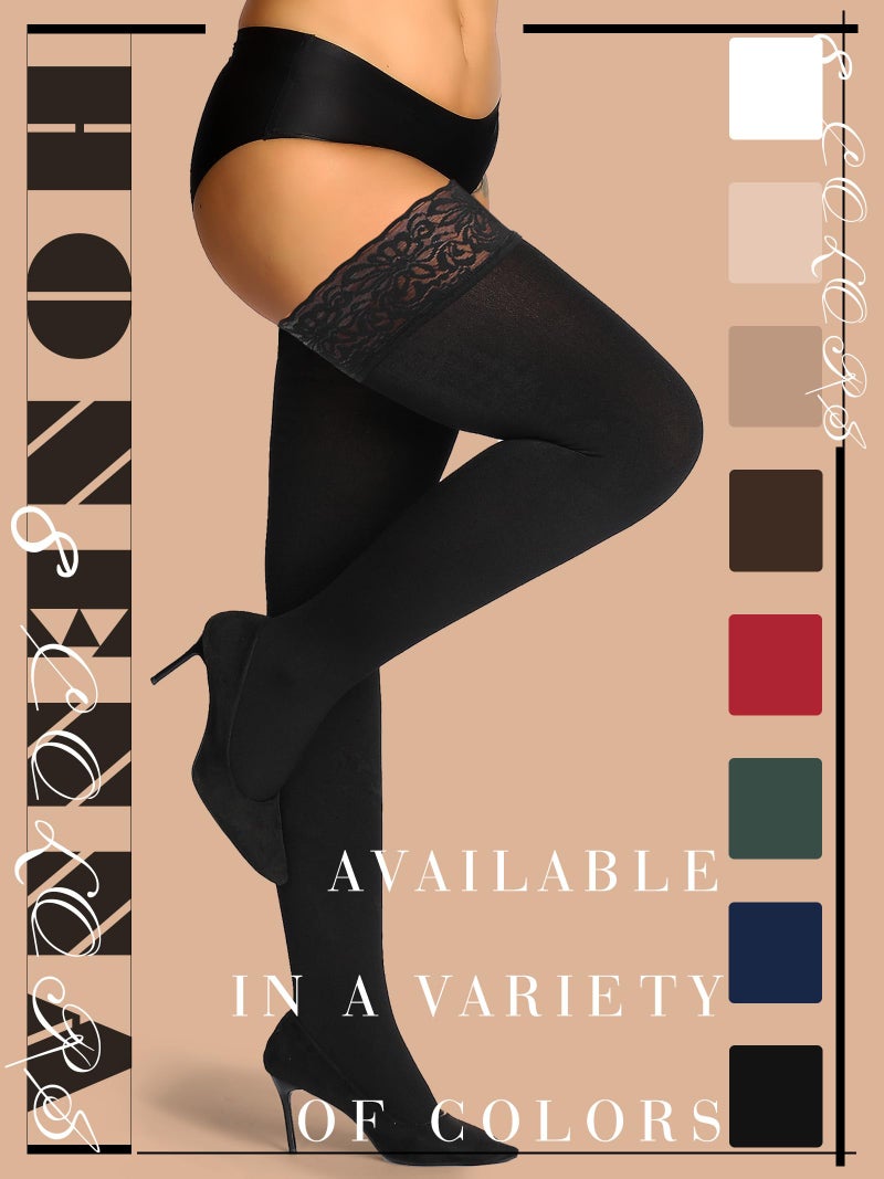 HONENNA Fleece Lined Thigh High Stockings, Stay Up Lace Top Opaque Winter Warm Tights for Women, medias tÃ©rmicas mujer, Black M-L - Image 5