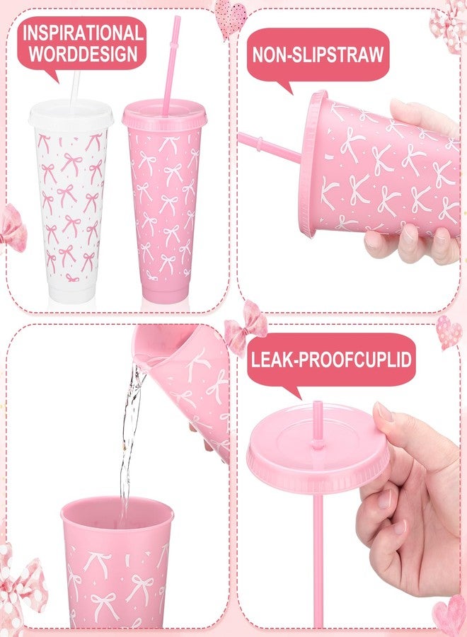 Pickmesh 12 Pcs Pink Bow Party Decorations 24 oz Bow Plastic Cups with Straw and Lid Cute Reusable Drinking Cups Bachelorette Birthday Bridal Engagement Party Favor Drinkware Supplies - Image 3