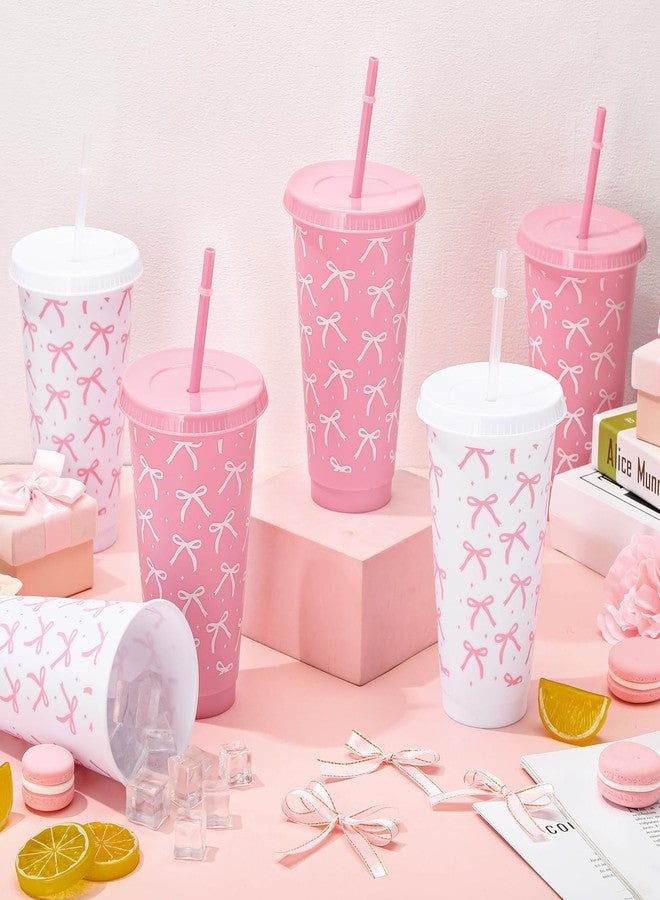 Pickmesh 12 Pcs Pink Bow Party Decorations 24 oz Bow Plastic Cups with Straw and Lid Cute Reusable Drinking Cups Bachelorette Birthday Bridal Engagement Party Favor Drinkware Supplies - Image 4