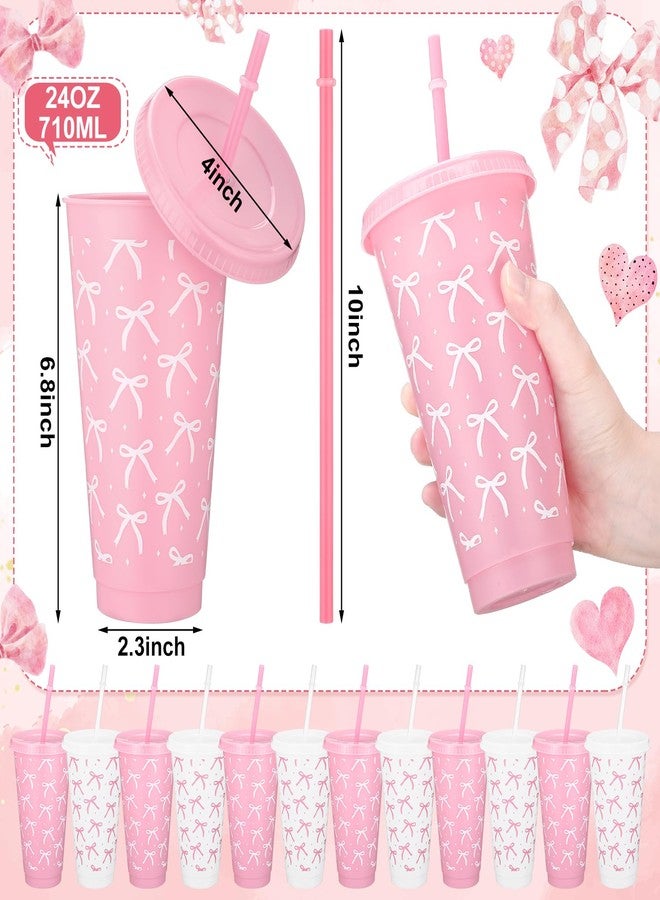 Pickmesh 12 Pcs Pink Bow Party Decorations 24 oz Bow Plastic Cups with Straw and Lid Cute Reusable Drinking Cups Bachelorette Birthday Bridal Engagement Party Favor Drinkware Supplies - Image 2