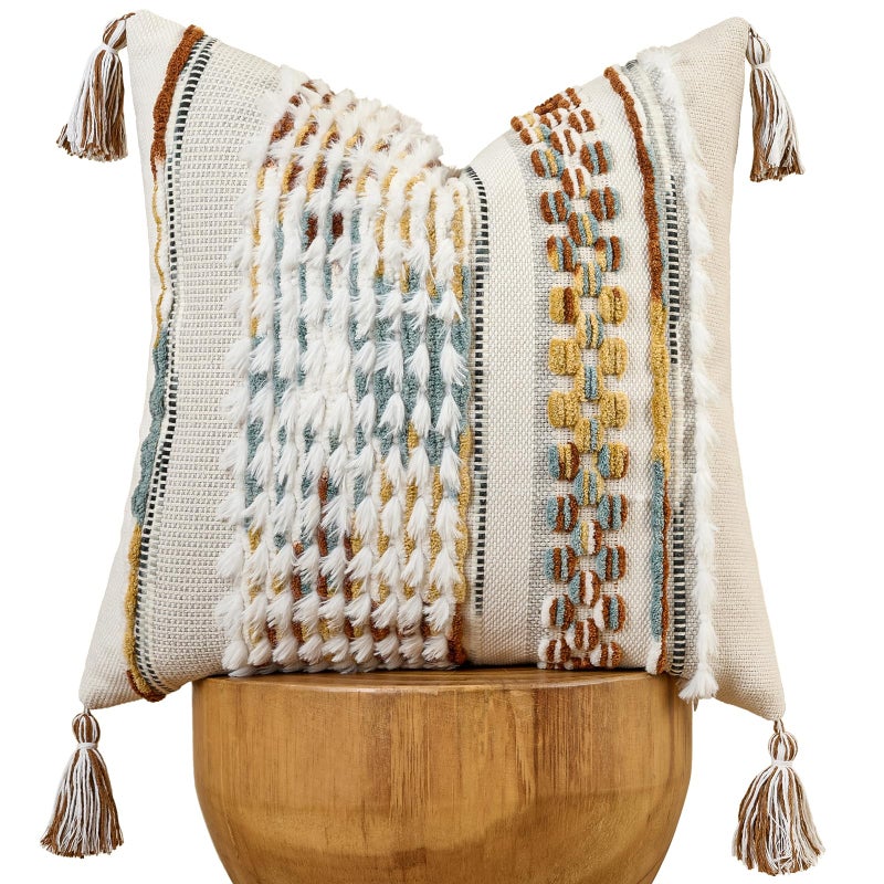 AmHoo Chenille Striped Tufted Textured Boho Throw Pillow Covers Aesthetic with Tassels Woven Decorative Pillow Case for Couch Bed Sofa Bedroom Modern Funky 18 x 18-Inch Brown White - Image 1